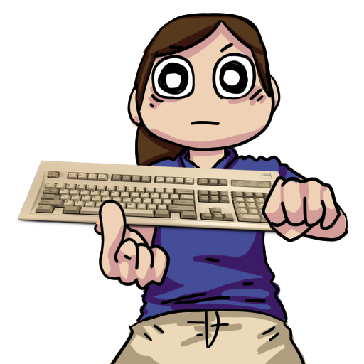 The mascot for Kenzie's Computers. A woman brandishing a keyboard like a sword.